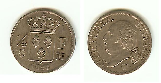 Quarter Franc Louis XVIII 1824M Toulouse AU(Rare)